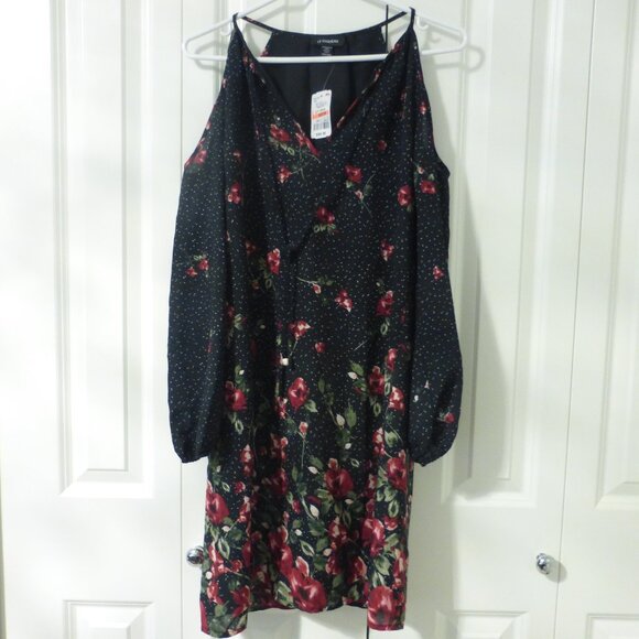 LE CHATEAU black & red long sleeve cold shoulder chiffon floral dress - Picture 1 of 12